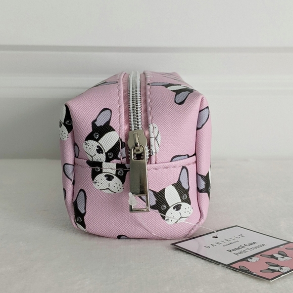 Boston Terrier Frenchie Small Cosmetic Pencil Case PVC Saffiano Pink NWT - Picture 4 of 14